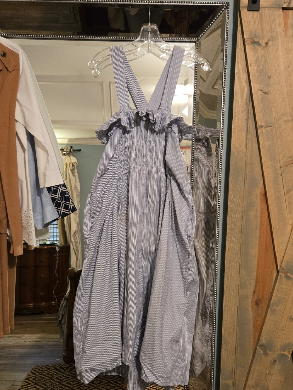Carven Blue and White Striped Ruffled Sundress